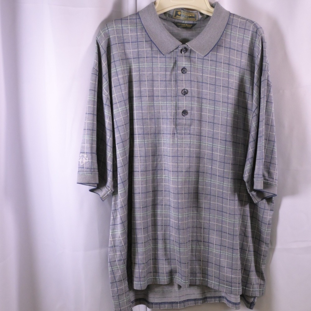 VTG Descente Gray Plaid Golf Polo Mens L Double Mercerized Egyptian Cotton